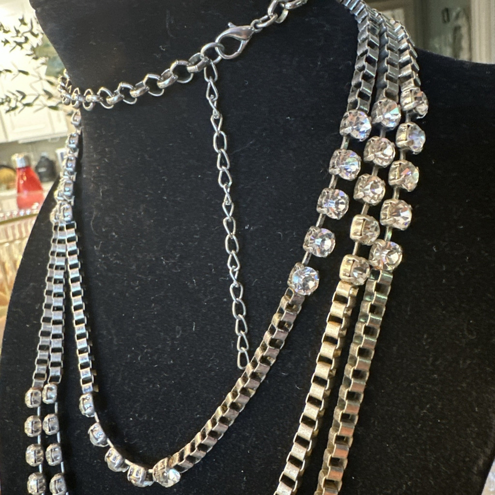 Edgy Brutalist Biker Glam Necklace Casual Heavy Boxchain SilverTone Rhinestone